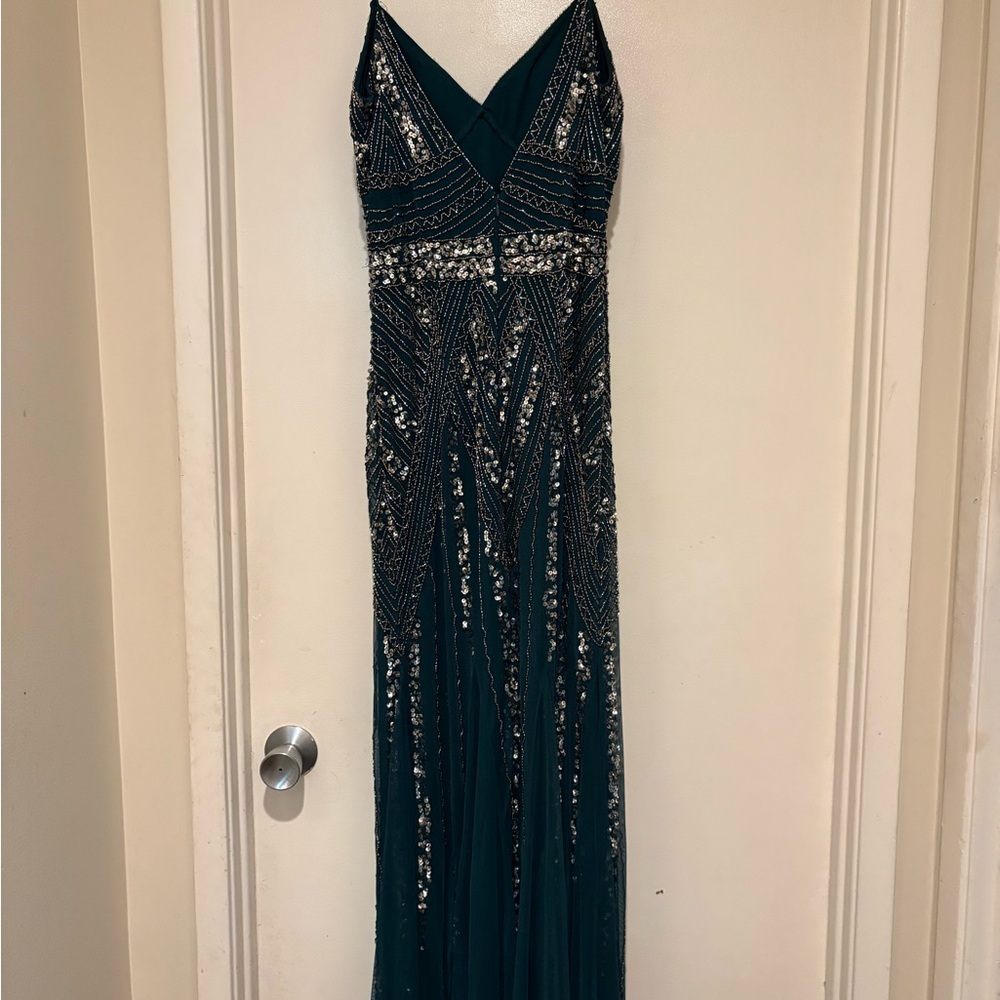 MARINA Teal and Silver Sequin Dress. Sequin Tulle A-Line VNeck Mesh.